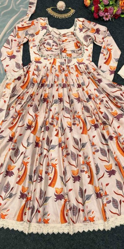 Nice Cream Color Chinon silk Digital Print real Mirror Work Kurti