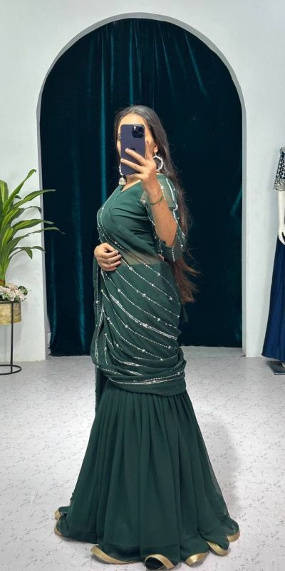 Nice Green Color Georgette Embroidery Moti Work Lehenga Saree