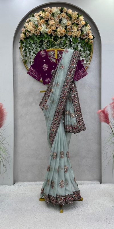 Nice Light Blue Color Organza Thread & Sequence Work Saree