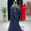 Nice Navy Blue Georgette Embroidery Moti Work Lehenga Saree