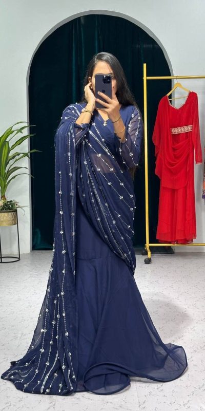 Nice Navy Blue Georgette Embroidery Moti Work Lehenga Saree