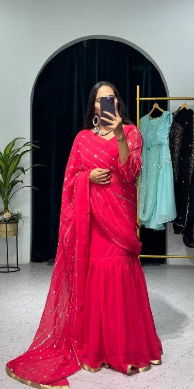 Nice Pink Color Georgette Embroidery Moti Work Lehenga Saree