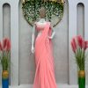 Nice Salmon Pink Color Faux Georgette Ruffle Patch Work Saree