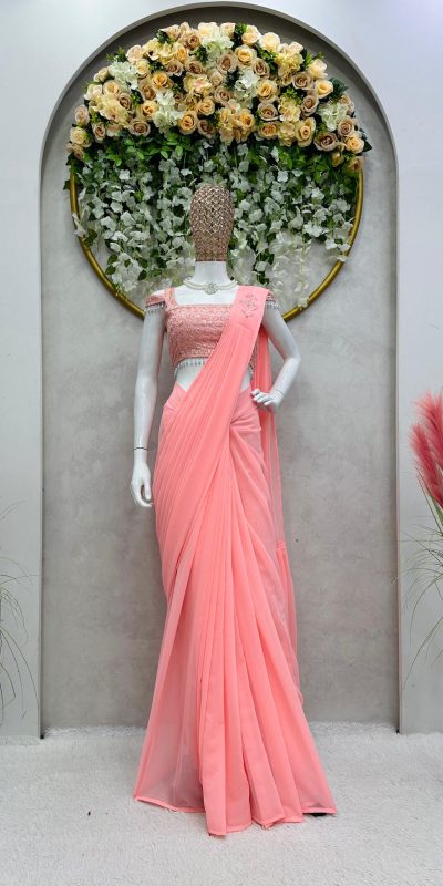 Nice Salmon Pink Color Faux Georgette Ruffle Patch Work Saree