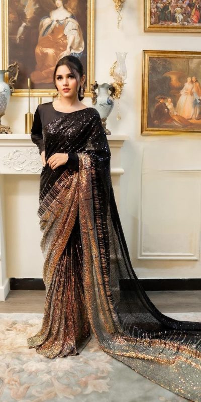 Peaceful Black Color Heavy Dual Sequins Embroidery Work Saree