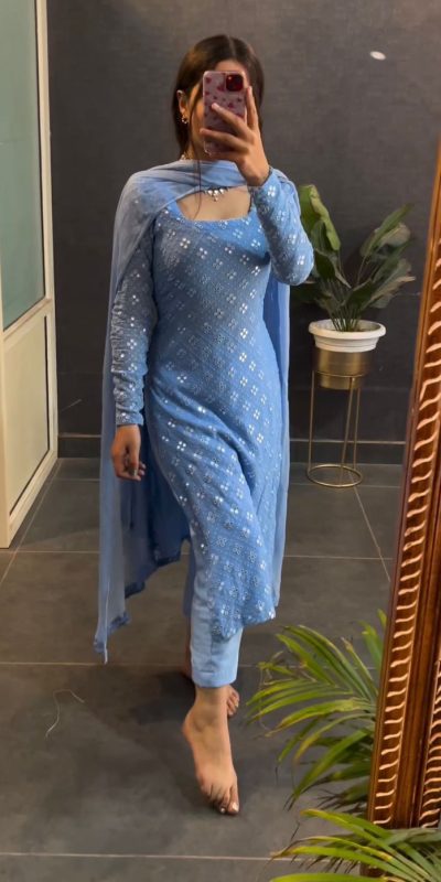 Perfect Blue Faux Georgette Sequence Thread work Salwar Suit