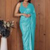 Perfect Firozi Color Georgette Double Run Embroidery Saree