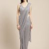 Perfect Grey Color Heavy Georgette Double Run Embroidery Saree