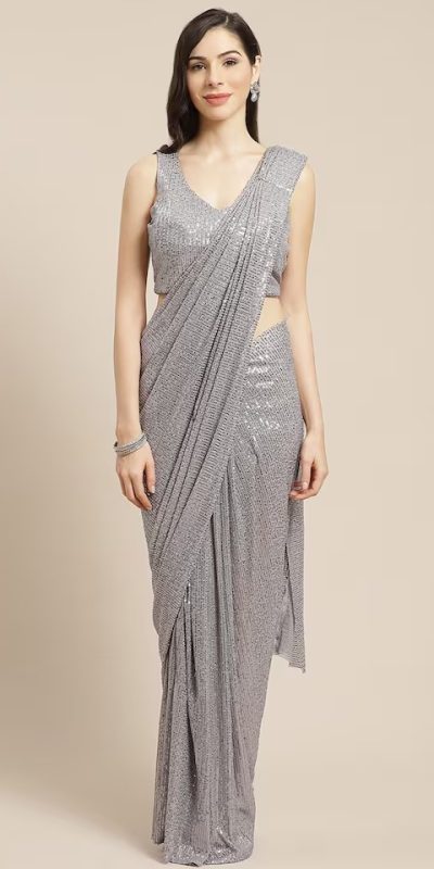 Perfect Grey Color Heavy Georgette Double Run Embroidery Saree