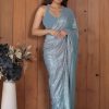 Perfect Light Blue Color Georgette Double Run Embroidery Saree