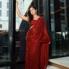 Perfect Maroon Color Georgette Double Run Embroidery Saree