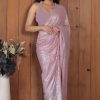 Perfect Onion Color Georgette Double Run Embroidery Saree