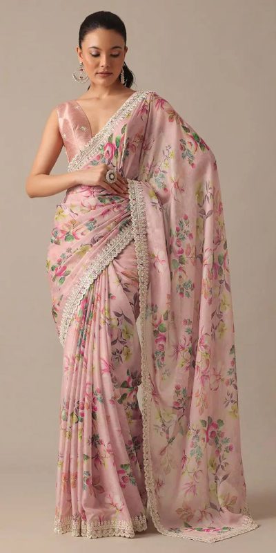 Perfect Pink Color Georgette Digital Prints Embroidery Saree