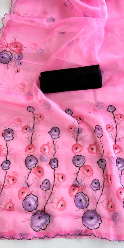 Perfect Pink Color Organza beautiful floral Digital Print Saree