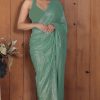 Perfect Pista Green Color Georgette Double Run Embroidery Saree