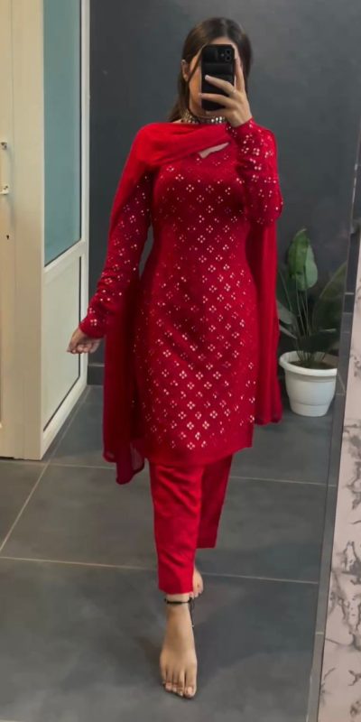 Perfect Red Faux Georgette Sequence Thread work Salwar Suit