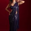 Perfect Royal Blue Color Georgette Double Run Embroidery Saree