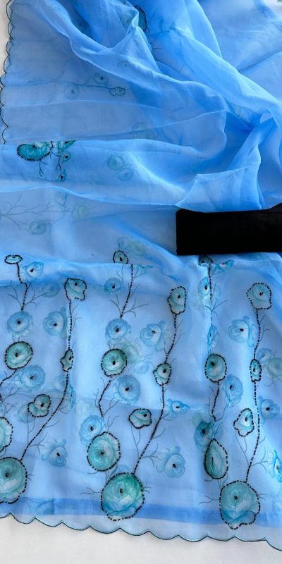 Perfect Royal Blue Color Organza Beautiful Digital Print Saree