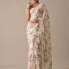 Perfect White Color Georgette Digital Prints Embroidery Saree