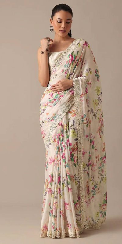Perfect White Color Georgette Digital Prints Embroidery Saree