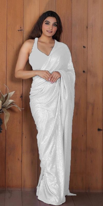 Perfect White Color Georgette Double Run Embroidery Saree