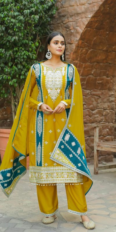 Perfect Yellow Chinon Silk Embroidery Sequence Sharara Suit