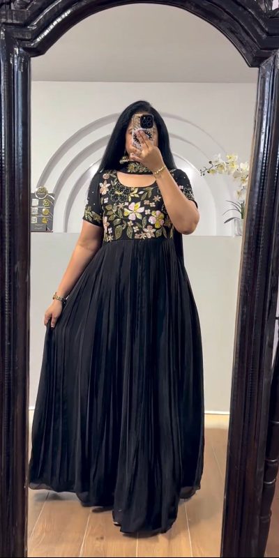 Pretty Black Color Faux Georgette Multi-Thread Work Anarkali Suit