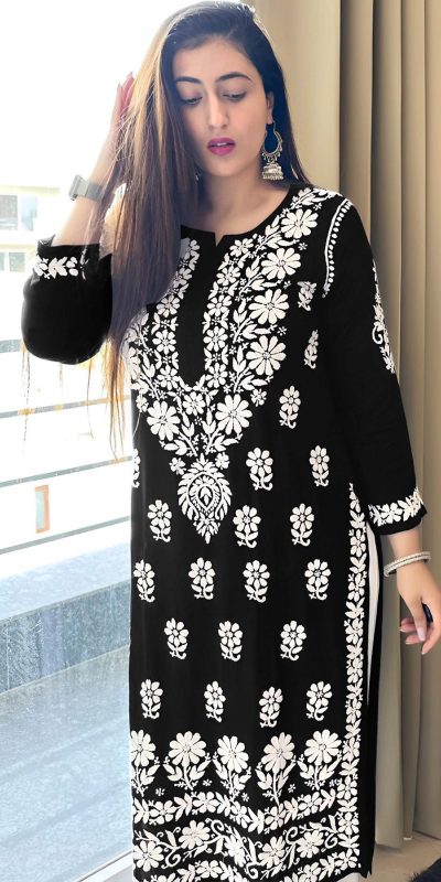 Pretty Black Color Heavy Rayon Cotton Style Embroidery Kurti