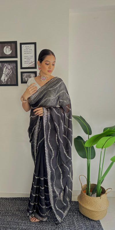 Pretty Black Color Soft Organza Zari With Sequence Saree