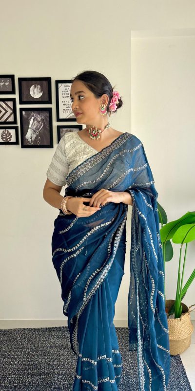 Pretty Blue Color Soft Organza Zari With Sequence Saree