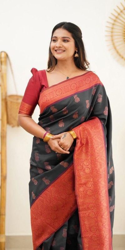 Pretty Grey Color Soft Lichi Silk Cloth Rich Pallu Work Saree