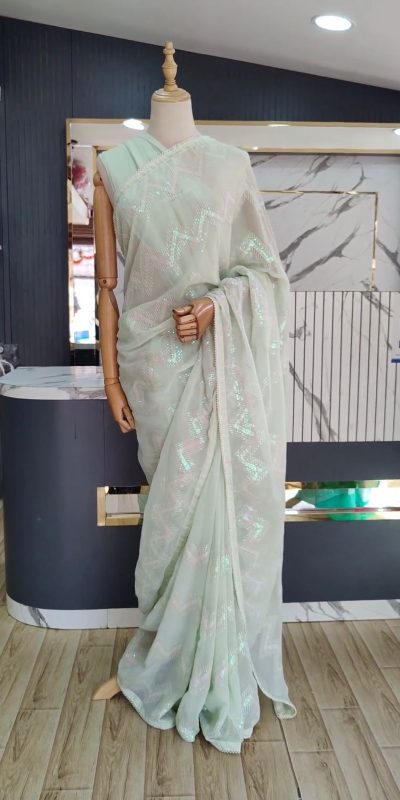 Pretty Light Green Color Georgette Thread Sequence Lace Saree