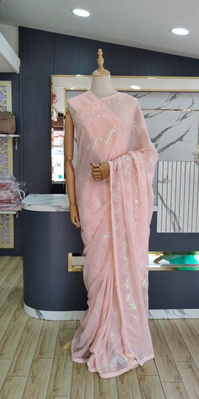 Pretty Light Pink Color Georgette Thread Sequence Lace Saree