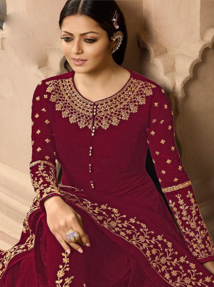 Pretty Maroon Color Georgette With Cording Work Sharara Suit - Image 2