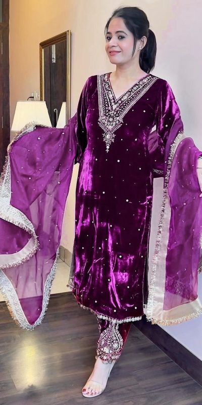 Pretty Purple Color Heavy Pure Viscose Velvet Embroidery Sharara