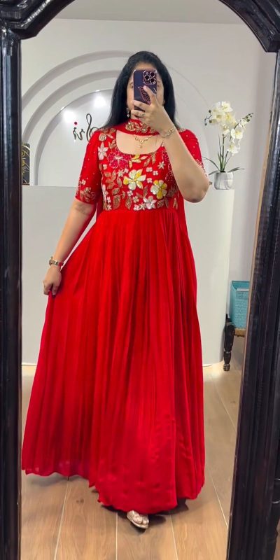 Pretty Red Color Faux Georgette Multi-Thread Work Anarkali Suit