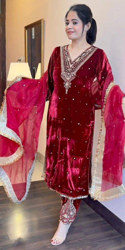 Pretty Red Color Heavy Pure Viscose Velvet Embroidery Sharara