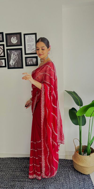 Pretty Red Color Soft Organza Zari With Sequence Saree