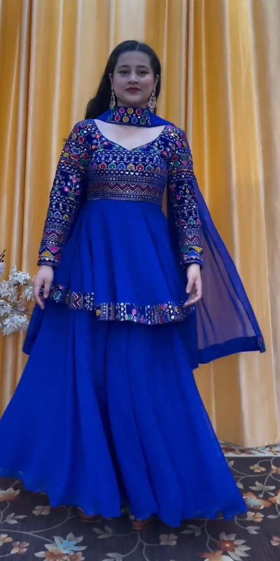 Pretty Royal Blue Color Georgette Embroidery Work Sharara Suit
