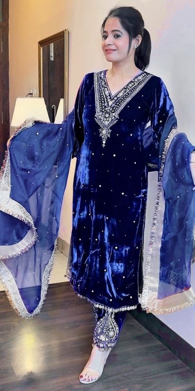 Pretty Royal Blue Color Pure Viscose Velvet Embroidery Sharara