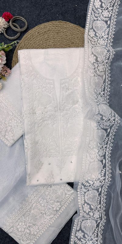 Pretty White Color Organza Silk Thread With Sequence Salwar Suit