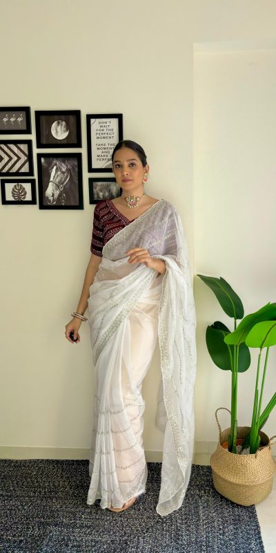 Pretty White Color Soft Organza Zari With Sequence Saree