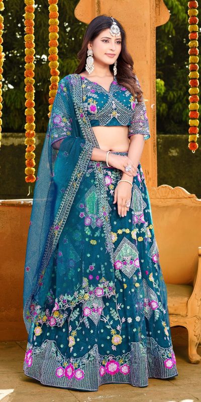 Pure Blue Color Butterfly Net Sequins Embroidered Lehenga Choli