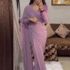 Pure Light Purple Color Georgette Embroidery Thread Work Saree