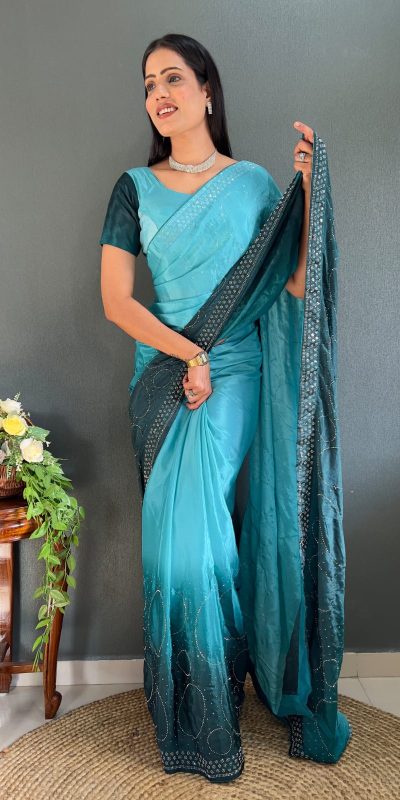 Radiant Navy Blue Pure Chinon Chiffon Sirvoski Dimond Saree