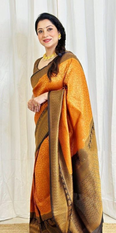 Radiant Orange Color Soft Lichi Silk Ordinary Design Pallu Saree