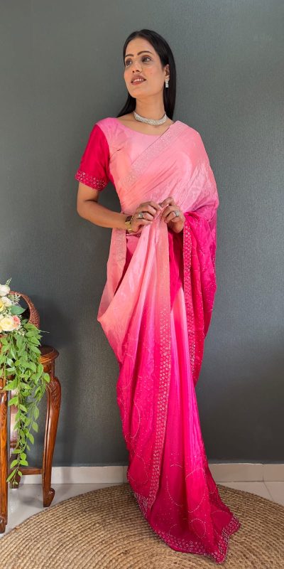Radiant Pink Color Pure Chinon Chiffon Sirvoski Dimond Saree