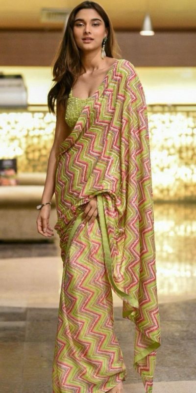 Saiee Manjrekar Green Georgette Digital Printed Silk Lines Saree