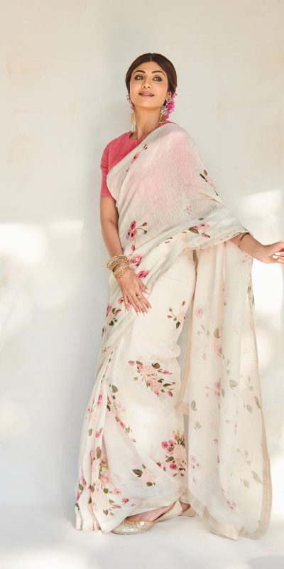 Shilpa Shetty Cream Color Linen Digital Flower Printed Saree