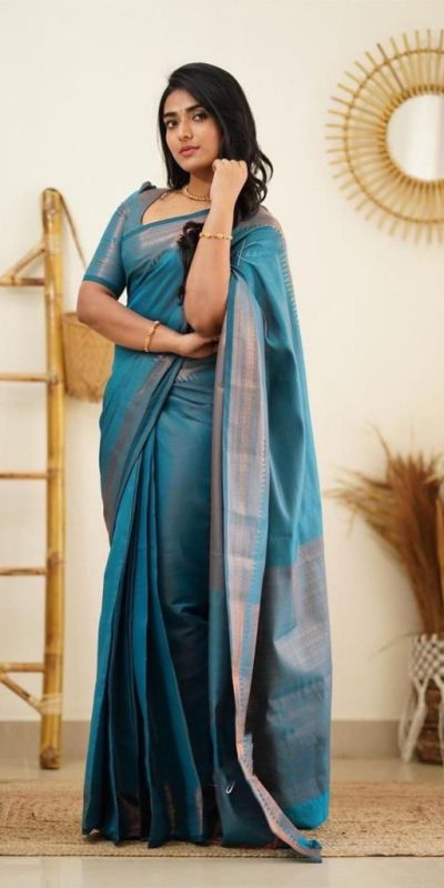 Slightly Blue Color Soft Lichi Silk Cloth Rich Pallu All Over Saree
